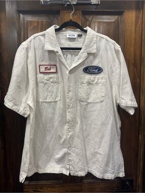 Ford White Short-Sleeve Work Shirt with Red Name Patch and Blue Logo
